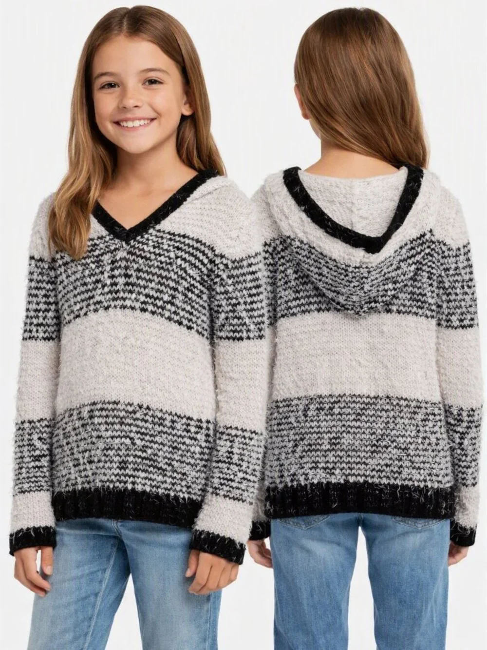 Justice Girls Hooded Sweater Black White Stripes V Neck Size 8